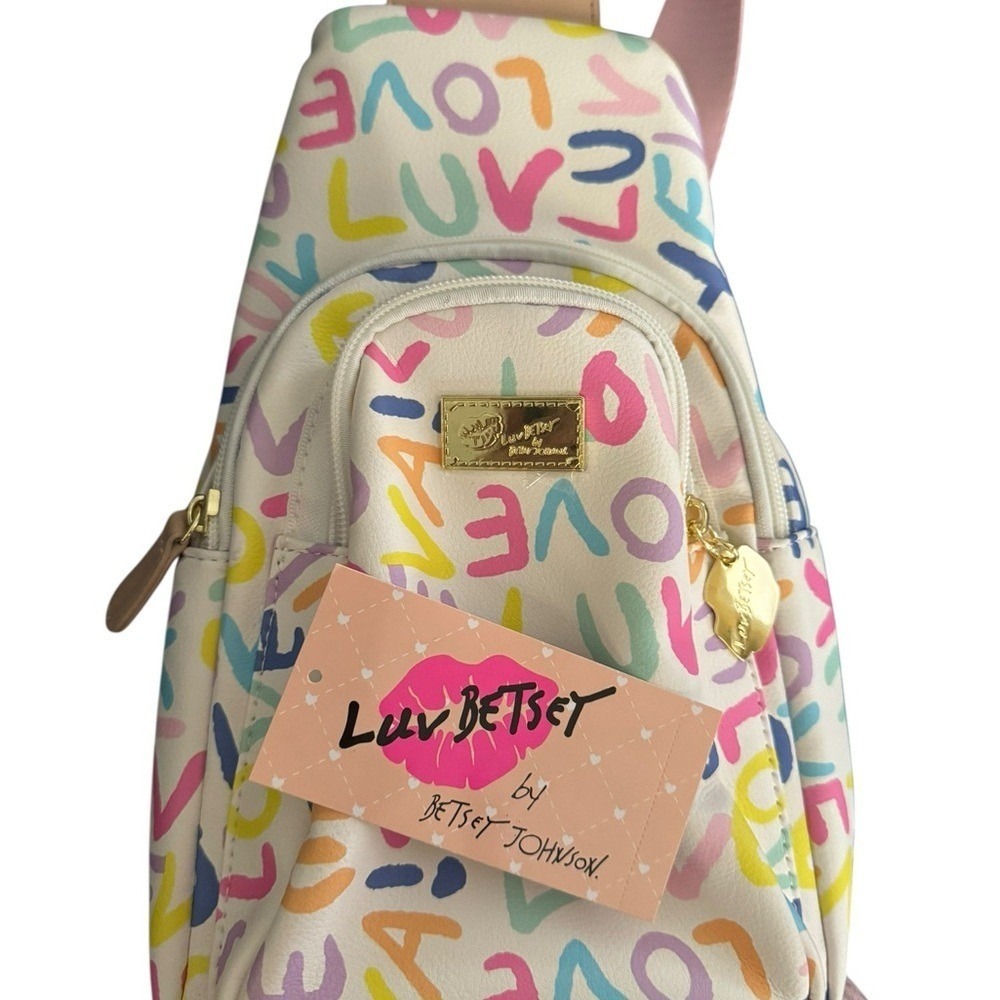 Luv Betsey Johnson LOVE Print Sling Backpack Crossbody Bag Colorful Purse NWT - Picture 4 of 7